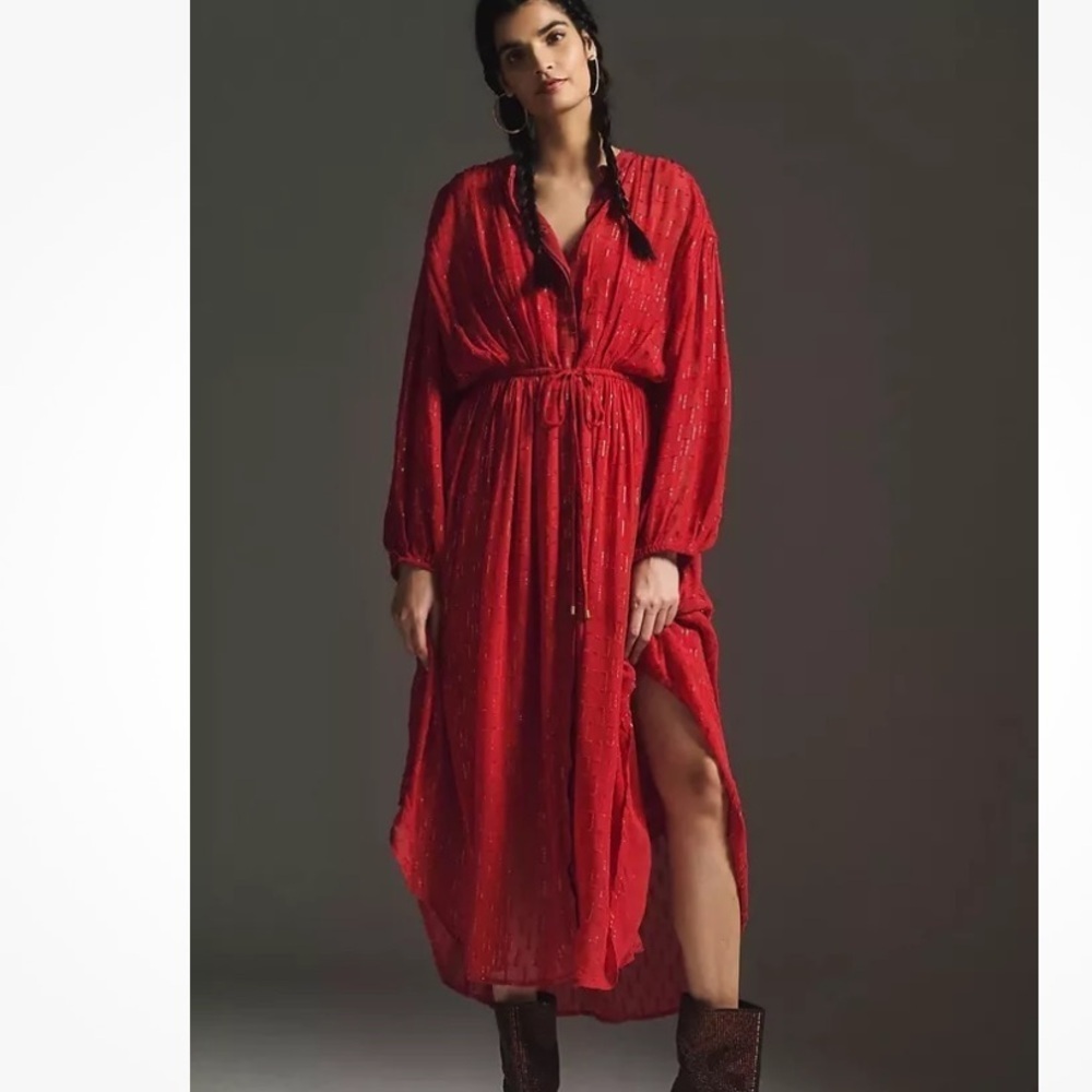 Anthropologie Allene Shimmer Maxi Dress Red Button Down Size XS